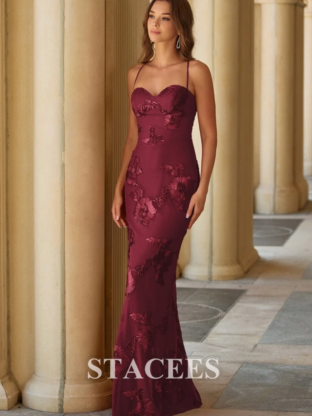 Stacees Burgundy Fitted Floral Jacquard Spaghetti Strap Prom Gown with Open Back - Picture 2 of 6